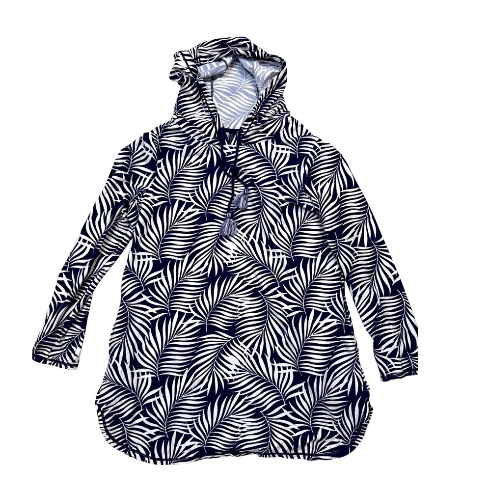 Aqua et Sol Navy Blue White Palm Leaf Hooded Swim Cover Up Tunic Dress XL
